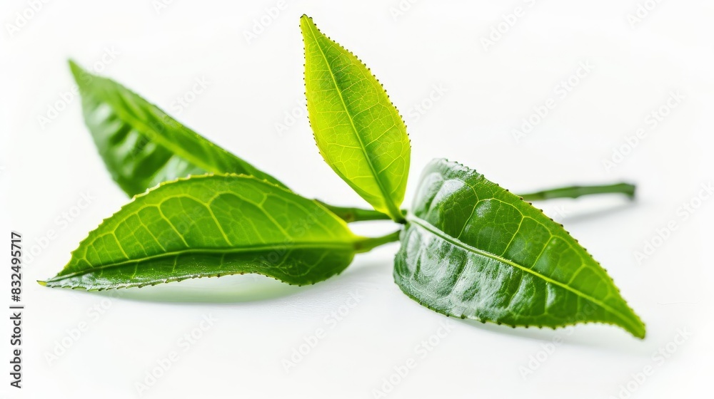 hyperrealistic green tea leaves isolated on pure white background ...