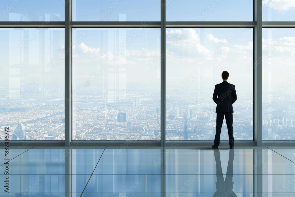 A businessman in a formal suit standing in front of a large glass window, with a cityscape view and ample space for copy space on the right side. A businessman in a formal suit standing in front of a large glass window, with a cityscape view and ample space for copy space on the right side.