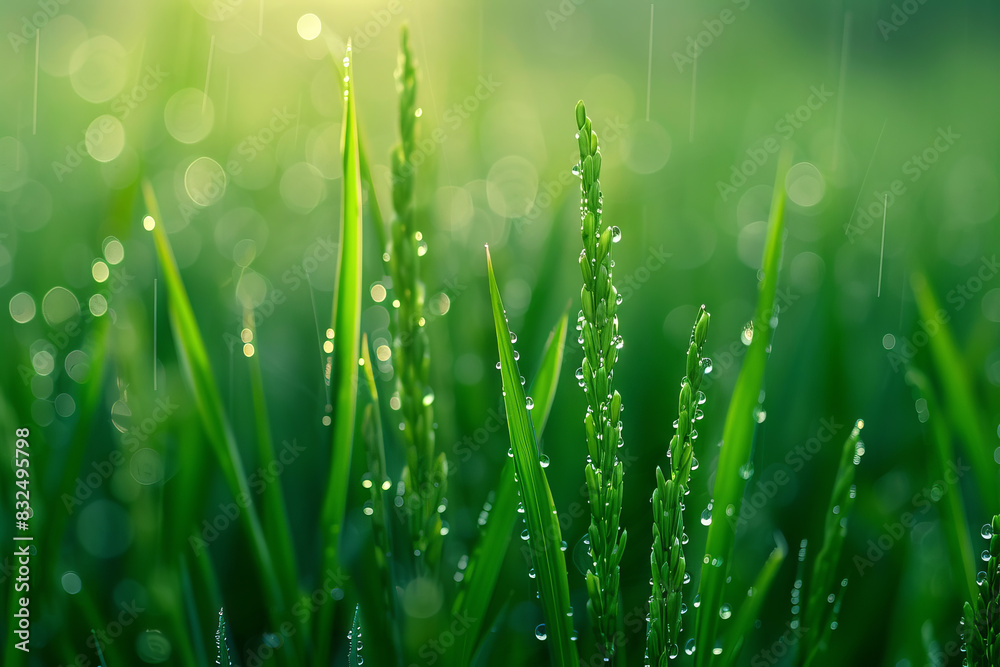 Obraz premium Early Morning Dew on Vibrant Green Rice Stalks in a Paddy Field