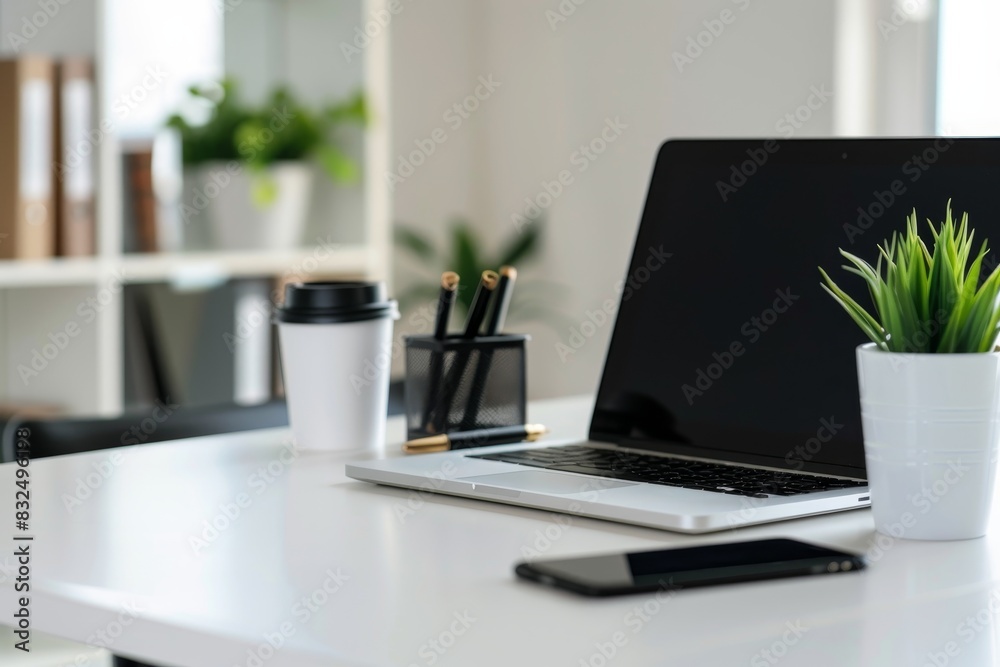 A modern office setup with a laptop, coffee cup, and office supplies on a white desk, with a significant amount of blank space above for text. A modern office setup with a laptop, coffee cup, and office supplies on a white desk, with a significant amount of blank space above for text.