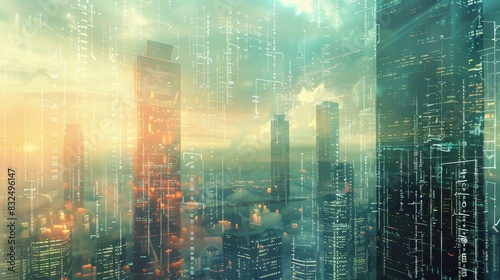 A futuristic cityscape with skyscrapers morphing into digital pixels generated by AI
