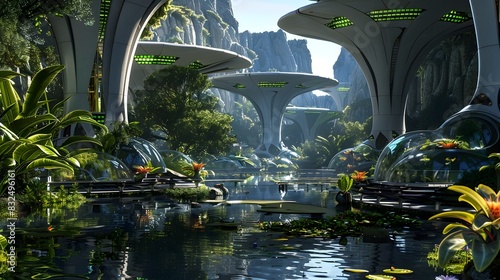 Futuristic Alien Landscape with Floating Architectural Structures in a Lush Tropical Environment photo