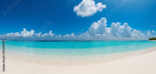 Pristine white sand beach with crystal-clear turquoise water under a bright blue sky. Perfect for travel brochures  websites  and advertising campaigns promoting tropical vacations and relaxation