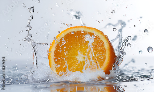 Orange slice and water splash on white background. Wallpaper. Banner