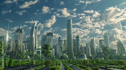 Futuristic Cityscape with Towering Skyscrapers and Lush Greenery