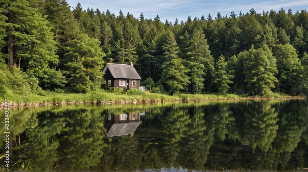 Fototapeta premium Tranquil Cabin by the Lake