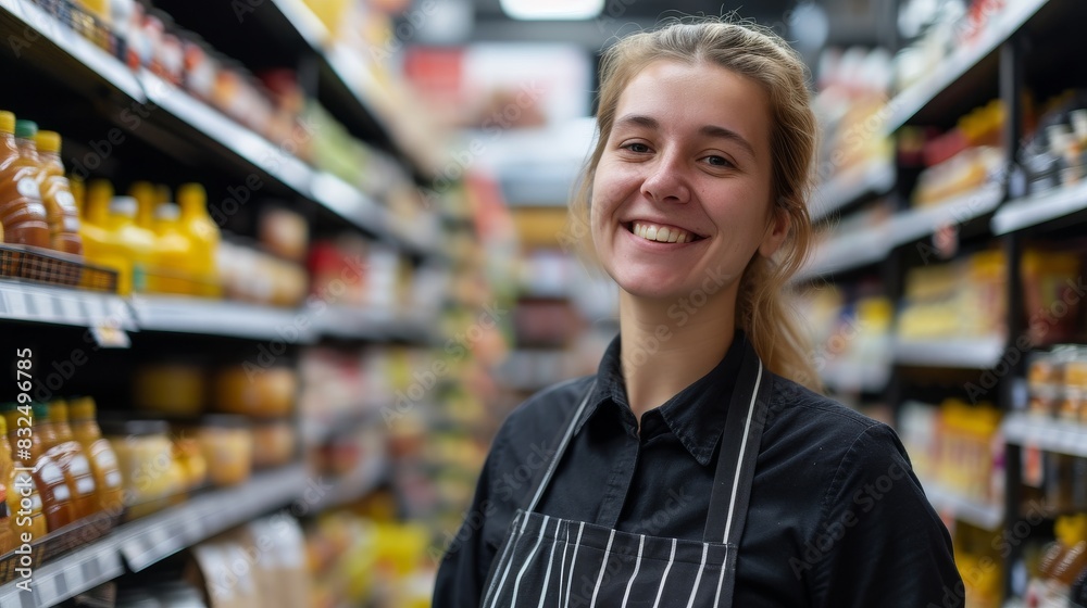 Saleswoman with a warm smile, standing confidently between supermarket shelves filled with various goods