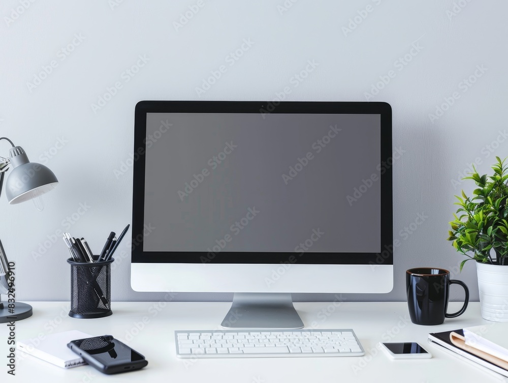 A professional workspace with a desktop computer, a phone, and office supplies neatly arranged, with a significant amount of blank space above for text. A professional workspace with a desktop computer, a phone, and office supplies neatly arranged, with a significant amount of blank space above for text.