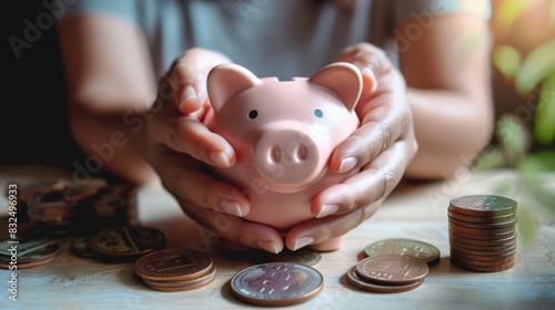 A woman is holding a pink piggy bank in the palm of her hands. The concept of saving money. photo