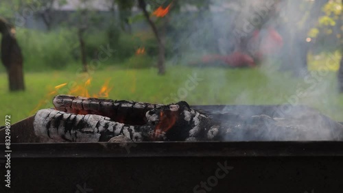 Burning firewood. Barbecue logs. The preparation of fire for the BBQ in flame burning logs on a bonfire