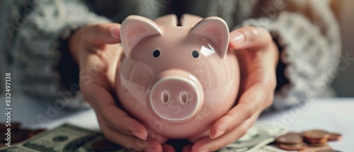 A woman is holding a pink piggy bank in the palm of her hands. photo