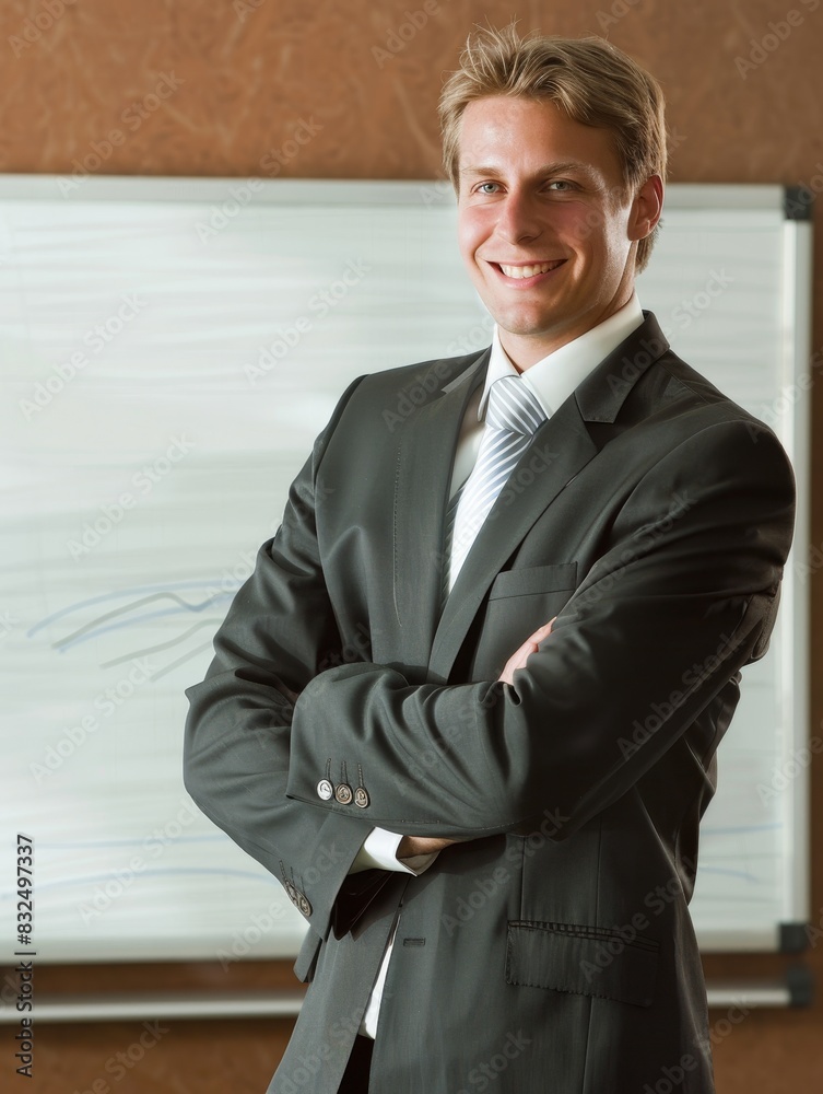 A businessman in a conference room with a blank whiteboard behind him, ideal for inserting custom graphics or text. A businessman in a conference room with a blank whiteboard behind him, ideal for inserting custom graphics or text.