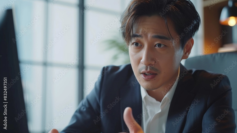 Stylish office with asian businessman in suit gesturing while discussing new business strategy over video call Stylish office with asian businessman in suit gesturing while discussing new business strategy over video call
