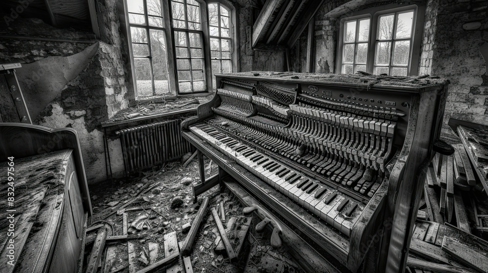 Shadows dance upon the worn surface of the abandoned piano, echoing the forgotten melodies that once filled its hallowed halls.