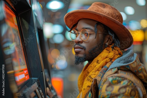 Fashionable African man with glasses and hat using an ATM machine in the evening photo