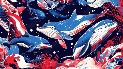 Colorful underwater illustration featuring whales and dolphins swimming among coral and marine life. photo