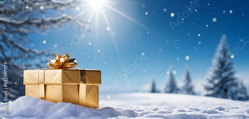A golden gift box and bauble sparkle in the snow under a bright sun and gently falling snowflakes. Perfect for holiday cards, winter promotions, and festive designs.