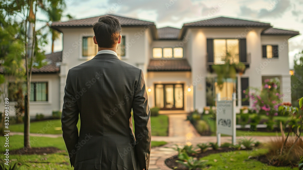 A real estate agent in professional attire standing with their back to the camera, facing a beautiful house with a 'For Sale' sign. This scene is perfect for showcasing real estate and property manage A real estate agent in professional attire standing with their back to the camera, facing a beautiful house with a 'For Sale' sign. This scene is perfect for showcasing real estate and property manage