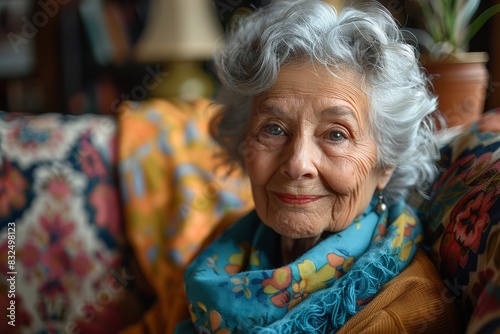 Serene elderly woman with gray hair and a warm smile relaxing in a colorful environment