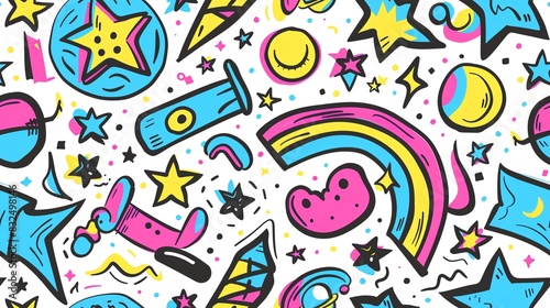 Hand-drawn seamless pattern featuring Pansexual Pride symbols like flags, stars, and circles, perfect for a dynamic and inclusive look