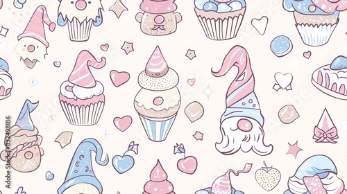 Hand-drawn seamless pattern of pastel-colored leaves, blooming flowers, and deer, creating a fresh and enchanting aesthetic