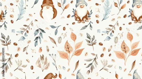 Hand-drawn seamless pattern of pastel-colored leaves, blooming flowers, and deer, creating a fresh and enchanting aesthetic