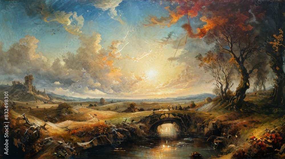 Fantasy Landscape with Bridge and Sunlight Fantasy Landscape with Bridge and Sunlight