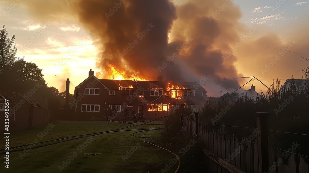 Flames engulfing a house, firefighters fight the flames as smoke rises into the sky