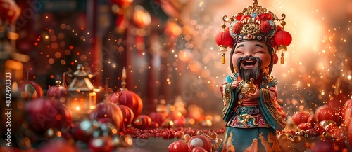 A joyful figure of the Chinese God of Wealth holding a golden ingot amidst festive decorations with red lanterns and bokeh lights in the background captured in a photorealistic style.