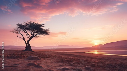 Solitary tree standing alone in the vast desert, bathed in the soft glow of morning light selective focus, tranquil scene, ethereal, overlay, dawn sky backdrop