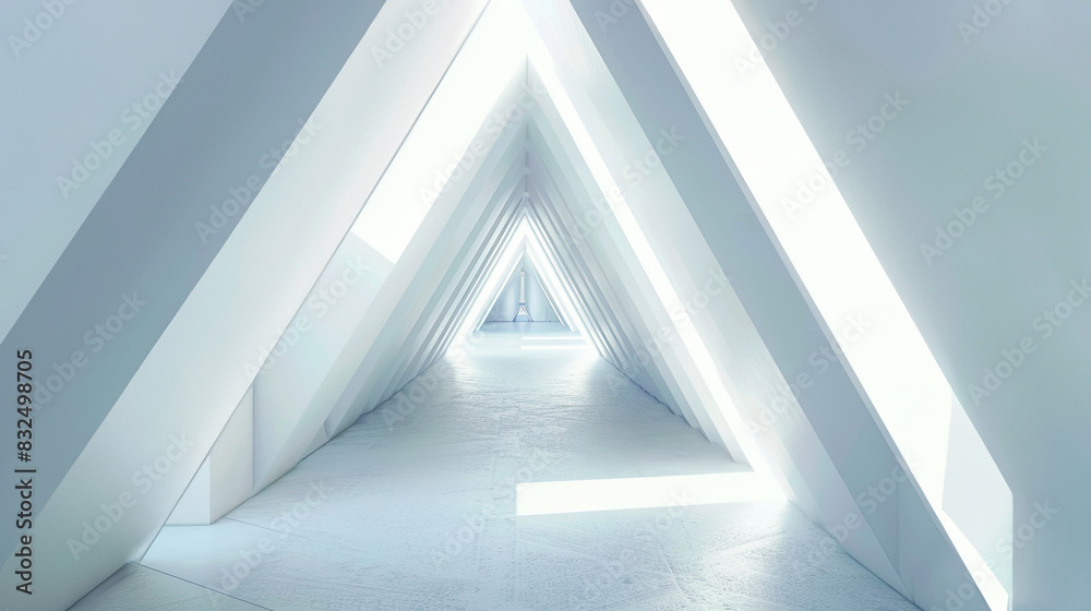 Triangular architectural passage with converging lines in white tones, creating a futuristic and minimalist atmosphere Triangular architectural passage with converging lines in white tones, creating a futuristic and minimalist atmosphere