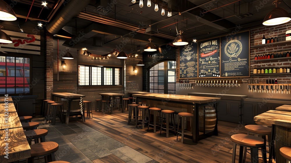 Cozy modern pub interior with wooden decor, bar stools, chalkboard menu, ambient lighting, and rustic charm. Perfect for social gatherings.