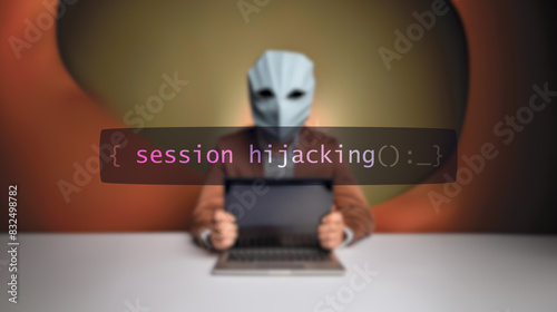 Cybersecurity concept session hijacking on foreground screen, hacker silhouette hidden with low poly style mask. Vulnerability and attack on colored code editor. Text in English, English text