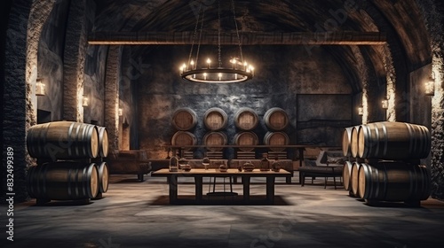 Interior of an old cellar with wooden wine barrels. Brown dark interior with wine barrels. © May
