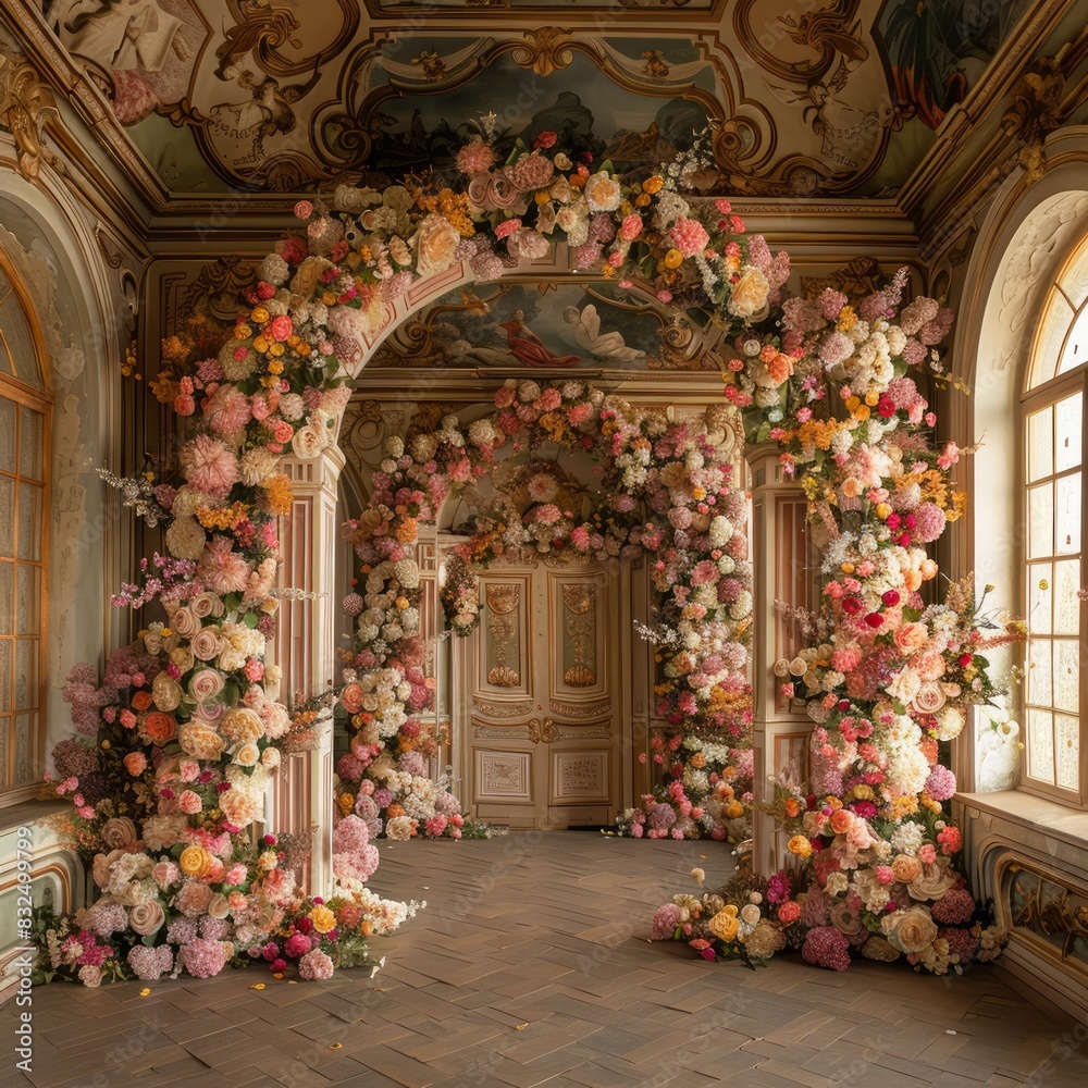 A room with a floral archway and a door