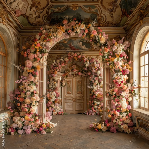 A room with a floral archway and a door © Sasikharn