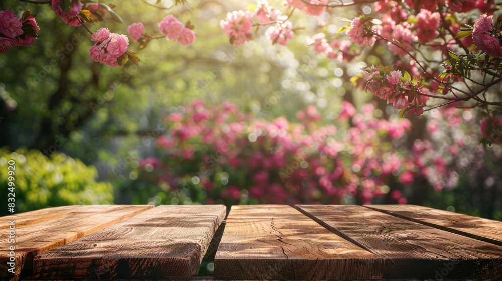 Create a serene scene of tranquility by showcasing a rustic wooden table surrounded by vibrant spring blooms. Create a serene scene of tranquility by showcasing a rustic wooden table surrounded by vibrant spring blooms.