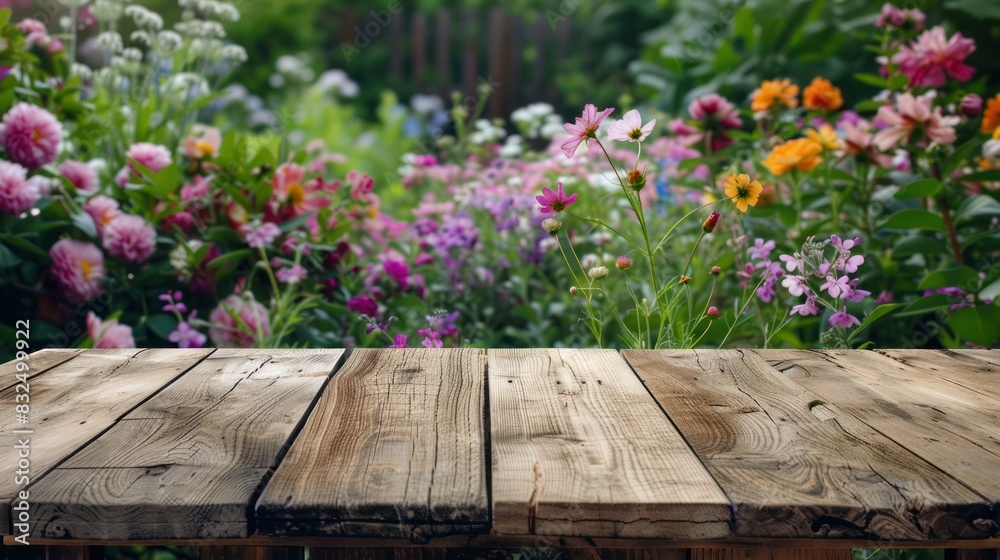 Create a serene scene of tranquility by showcasing a rustic wooden table surrounded by vibrant spring blooms. Create a serene scene of tranquility by showcasing a rustic wooden table surrounded by vibrant spring blooms.