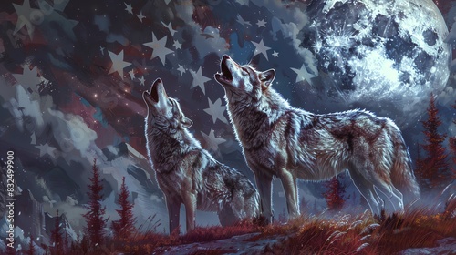 Digital artwork of wolves howling in the moonlight under a starry sky. Nature, wildlife, and mystical animals set in a beautiful night landscape. photo