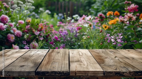 Create a serene scene of tranquility by showcasing a rustic wooden table surrounded by vibrant spring blooms. 