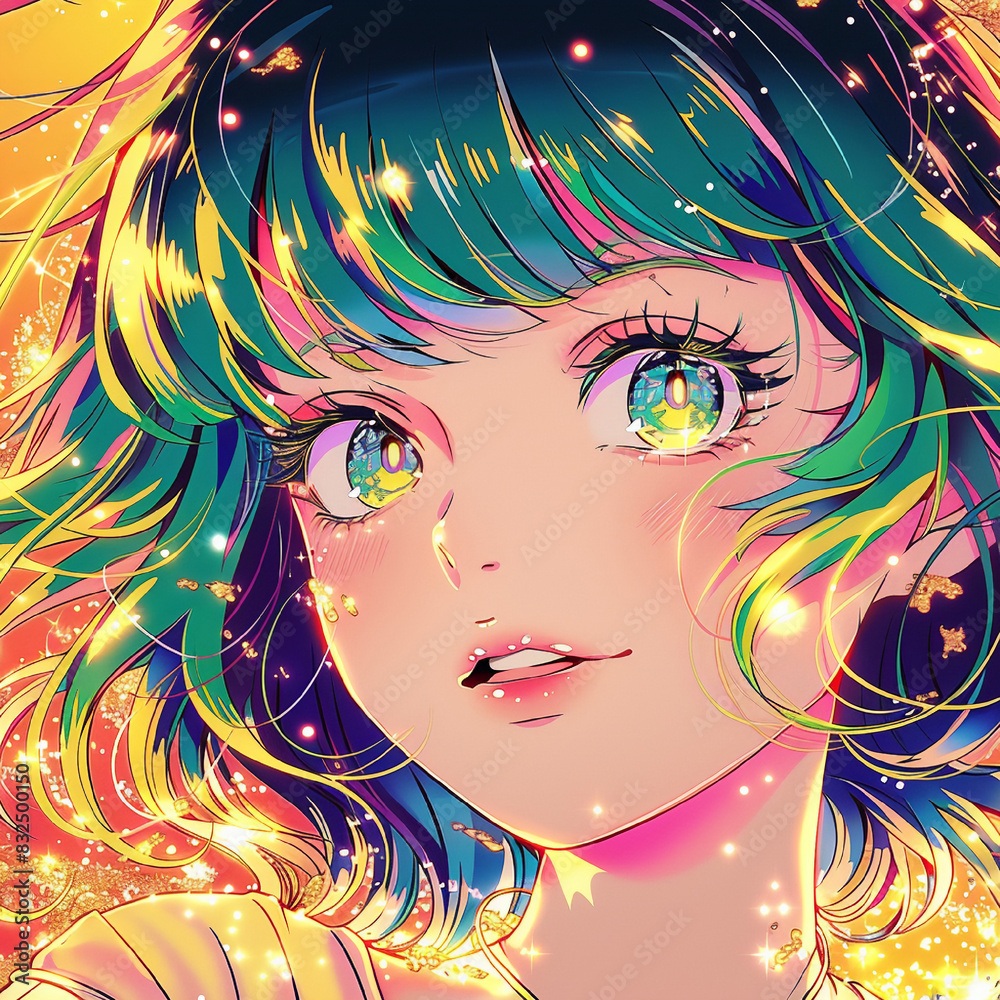 Naklejka premium PFP | Profile Pic | Portrait | Portraiture | Female Model | Up Close Shot | Forward Shot / Look | Glitter Background | Anime | Smiling | Graphic Art | Emotive | Delicate