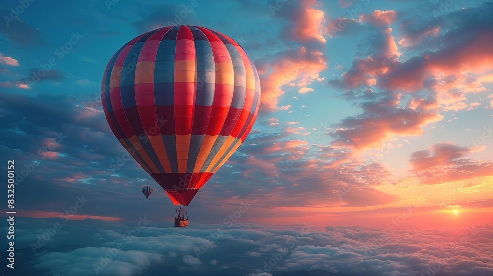 Fototapeta premium A colorful hot air balloon against a sunset sky, leaving space for event details or greetings.