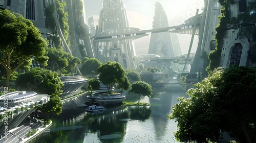 Futuristic Sci-Fi Cityscape with Lush Vegetation Floating Above Canals