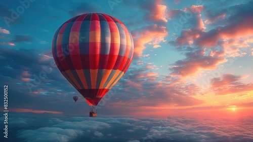 A colorful hot air balloon against a sunset sky  leaving space for event details or greetings.