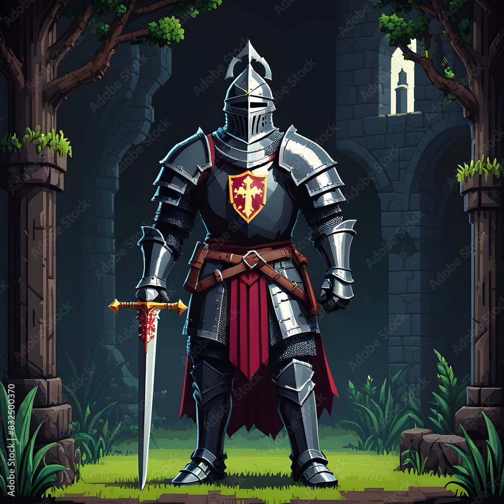 Fototapeta premium A medieval knight in full armor, wielding a sword and shield, ready for battle