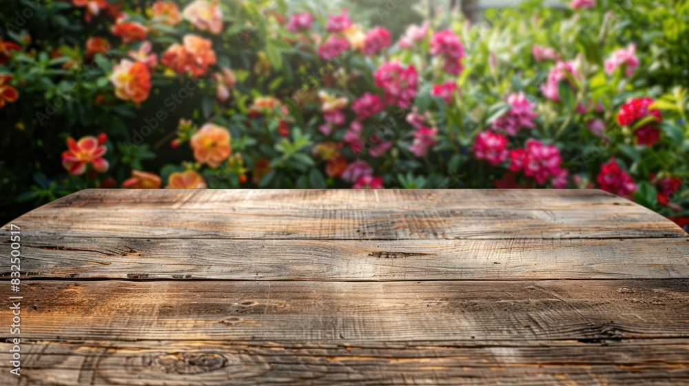 Generate visual interest by juxtaposing the rustic charm of a wooden table with the vibrant colors of spring blooms in the background. Generate visual interest by juxtaposing the rustic charm of a wooden table with the vibrant colors of spring blooms in the background.