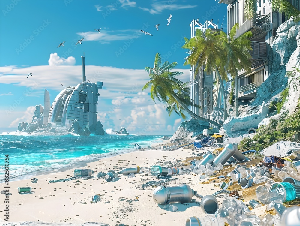 Futuristic Tropical Beachfront with Floating Sci-Fi City in the Distance