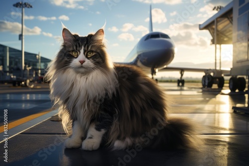 Portrait of a cute norwegian forest cat isolated on bustling airport terminal background