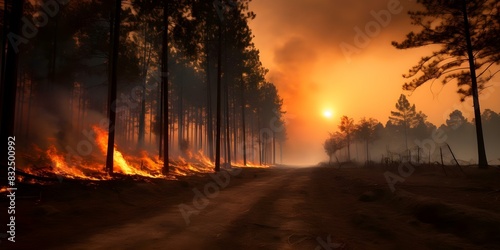 Pine forest engulfed in flames during dry season as global wildfires ravage Earth. Concept Natural Disasters  Climate Change  Environmental Destruction  Forest Fires  Global Crisis