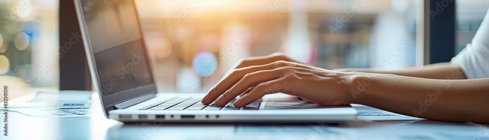 Hands actively working on a modern laptop, perfect for advertisements on tech gadgets or professional software Hands actively working on a modern laptop, perfect for advertisements on tech gadgets or professional software